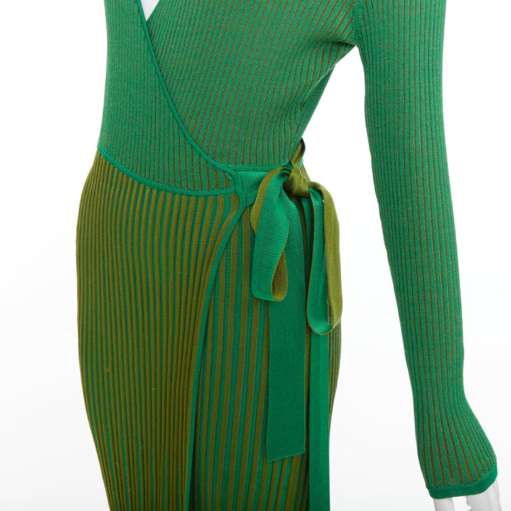 DIANE VON FURSTENBERG green ribbed deep V long wrap dress S