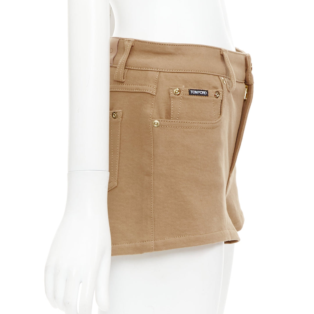 TOM FORD khaki cotton TF logo black blend leather trim mini shorts 25"
