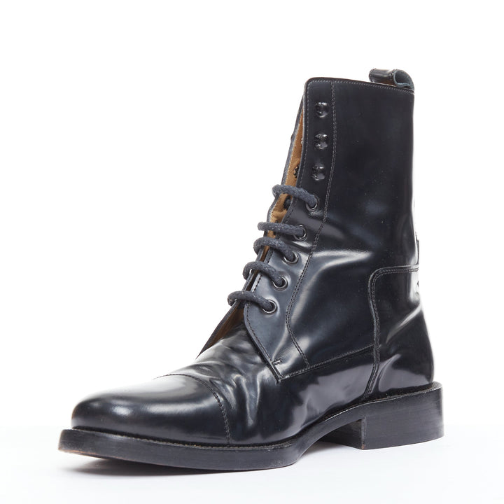 BALENCIAGA black polished leather lace up topstitch combat boots EU41