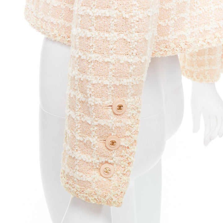 rare CHANEL 94P Vintage pink cotton tweed cropped jacket FR40 L