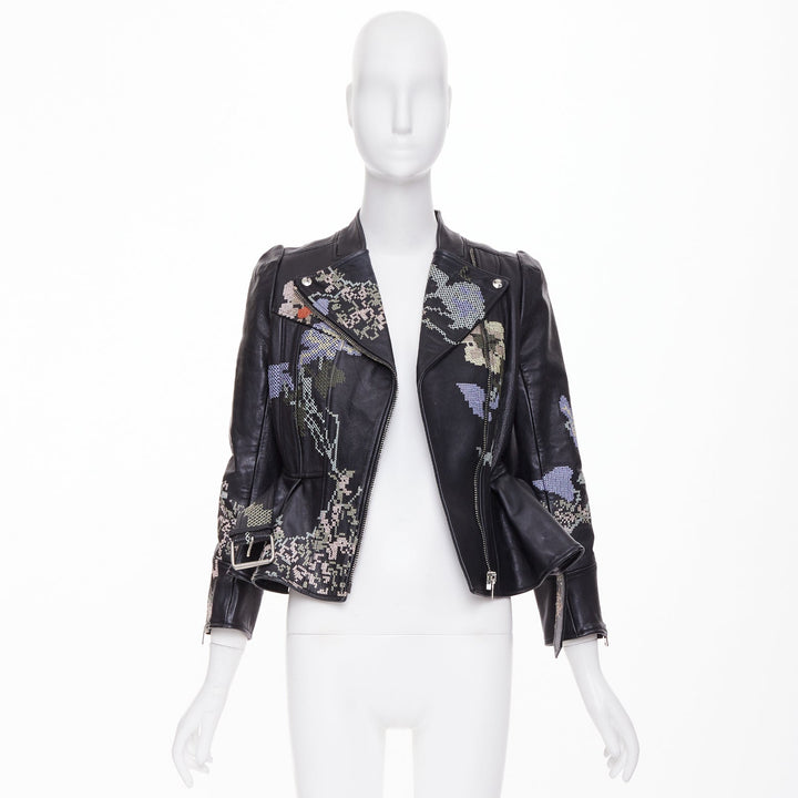 ALEXANDER MCQUEEN Cross Stitch Leather Moto floral peplum jacket IT40 S