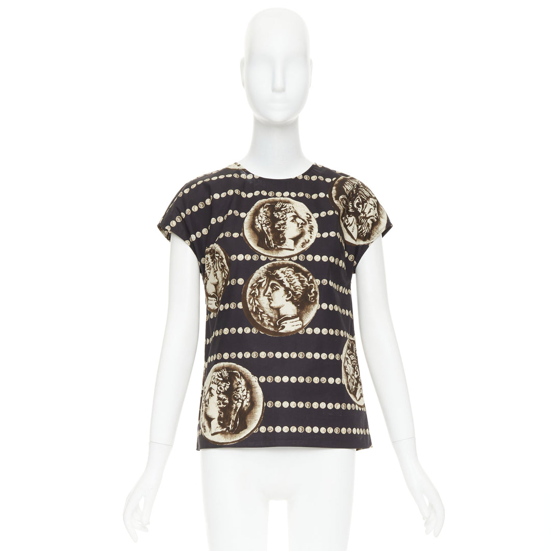 DOLCE GABBANA black copper cotton roman coin print cap sleeves top IT38 XS