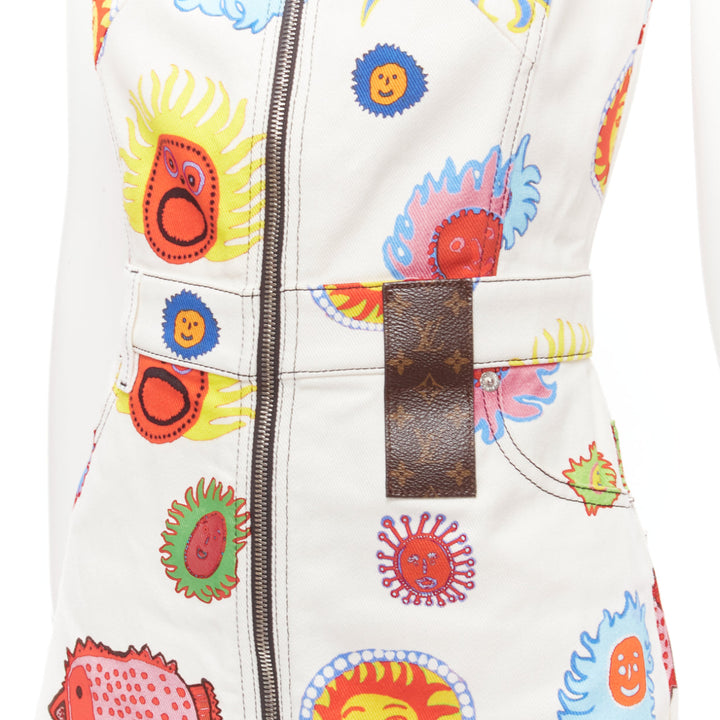 LOUIS VUITTON 2023 Yayoi Kusama Sun Faces white denim monogram zip dress FR34 XS