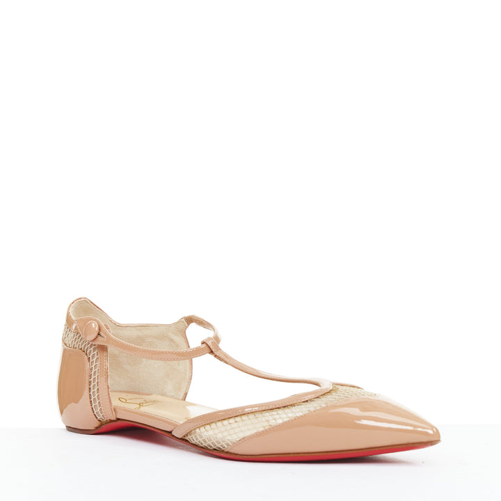 CHRISTIAN LOUBOUTIN 2016 Mrs Early beige patent mesh pointed flats EU37.5