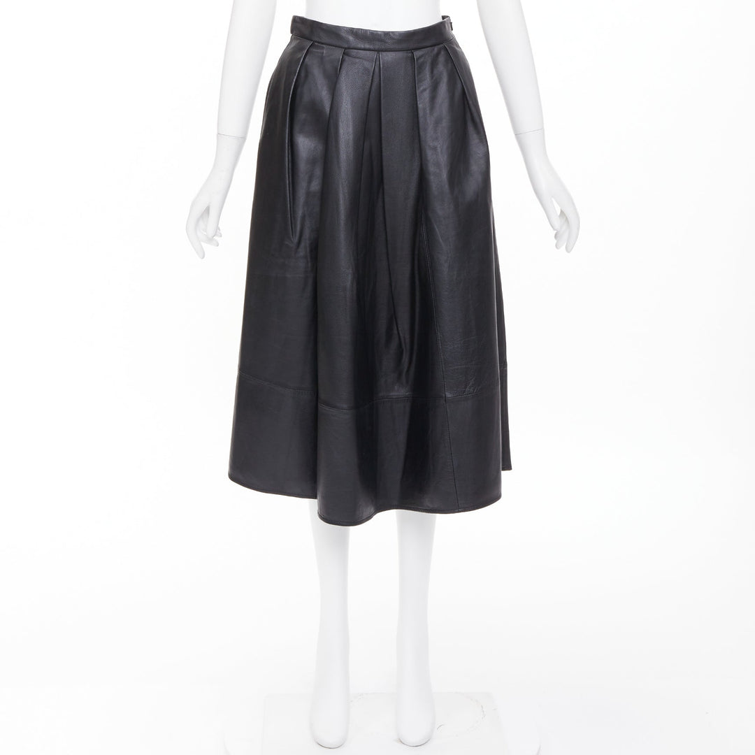 TIBI black lambskin pleated high waist full flare a line midi skirt US0 XS