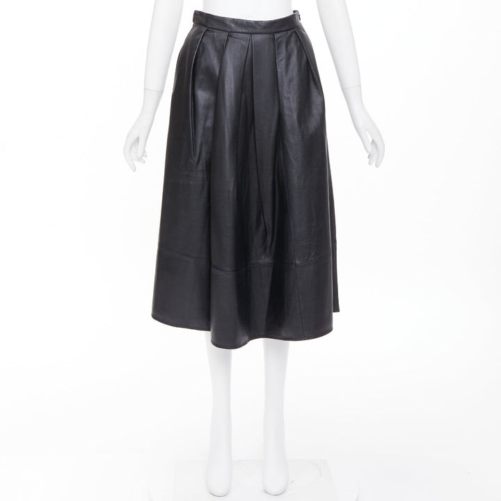 TIBI black lambskin pleated high waist full flare a line midi skirt US0 XS