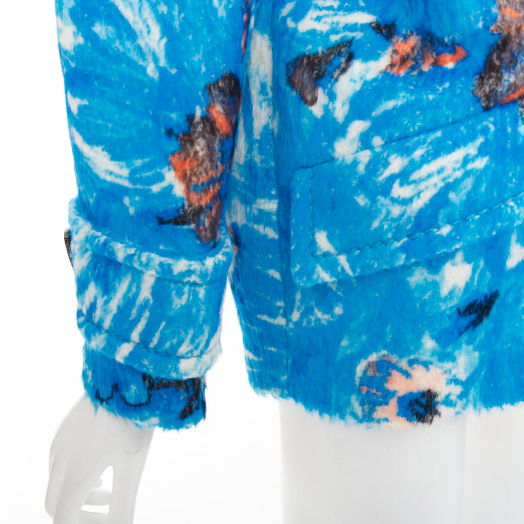 PRADA 2017 Runway blue alpaca wool abstract floral fur collar pea coat IT36 XS