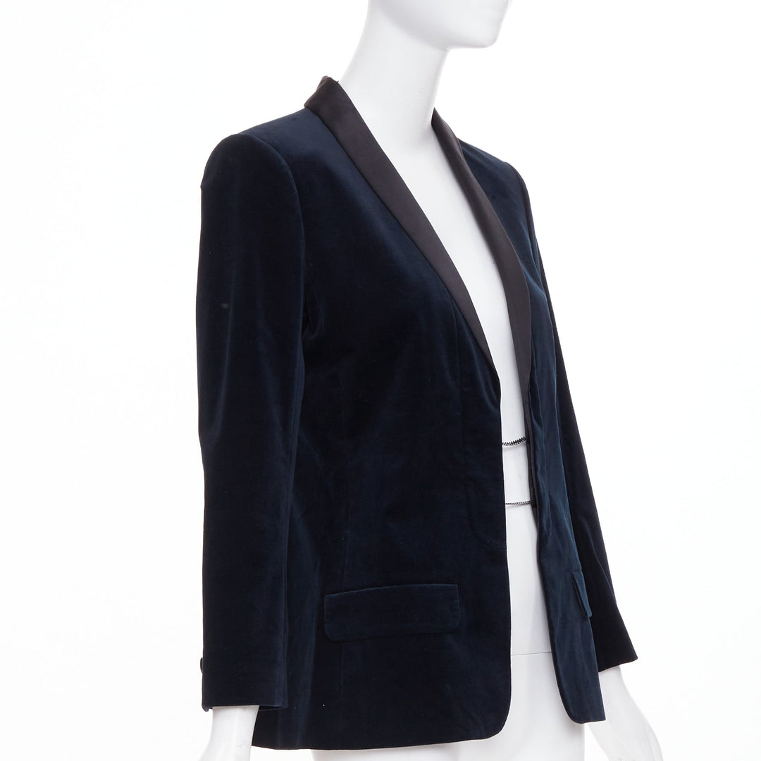 CHANEL 2018 Runway Paris Hamburg navy velvet satin shawl lapel tux jacket FR38 M
