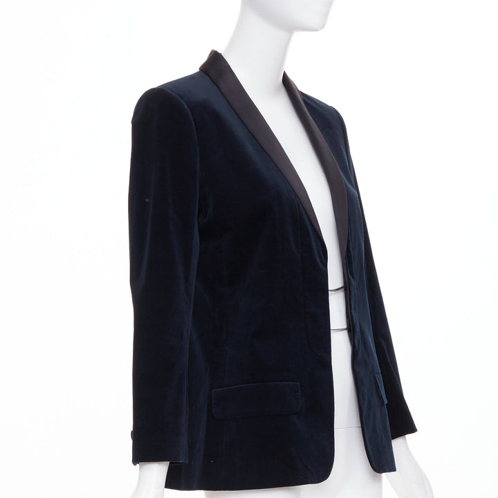 CHANEL 2018 Runway Paris Hamburg navy velvet satin shawl lapel tux jacket FR38 M
