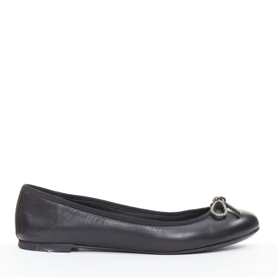 SAINT LAURENT Seta black leather rhinestone crystal bow ballerina flats EU37