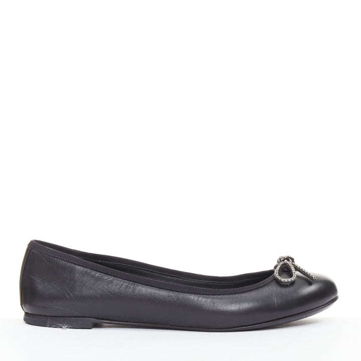 SAINT LAURENT Seta black leather rhinestone crystal bow ballerina flats EU37