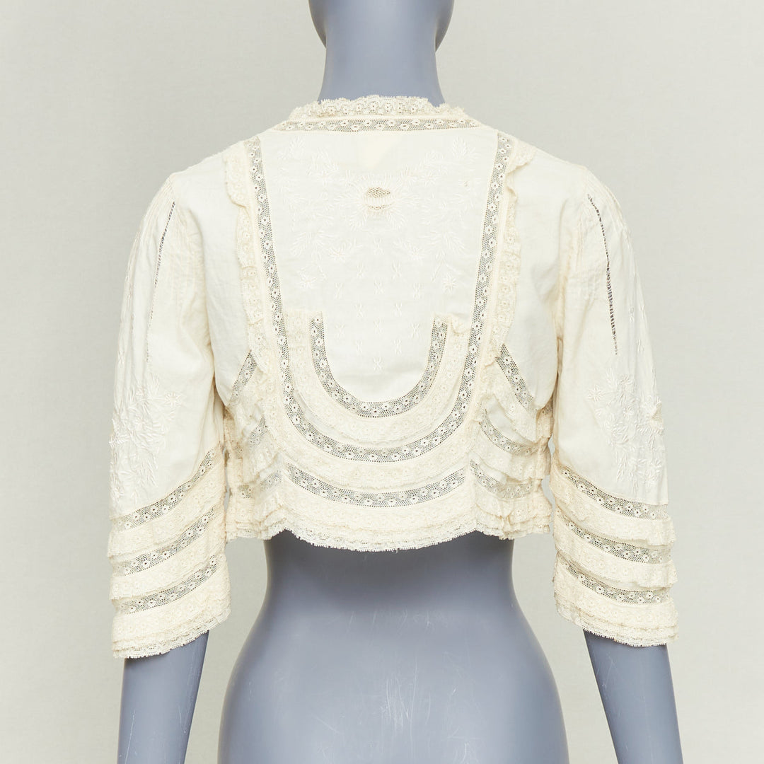 ANNA SUI cream cotton intricate lace floral embroidery ruffle trim bolero jacket