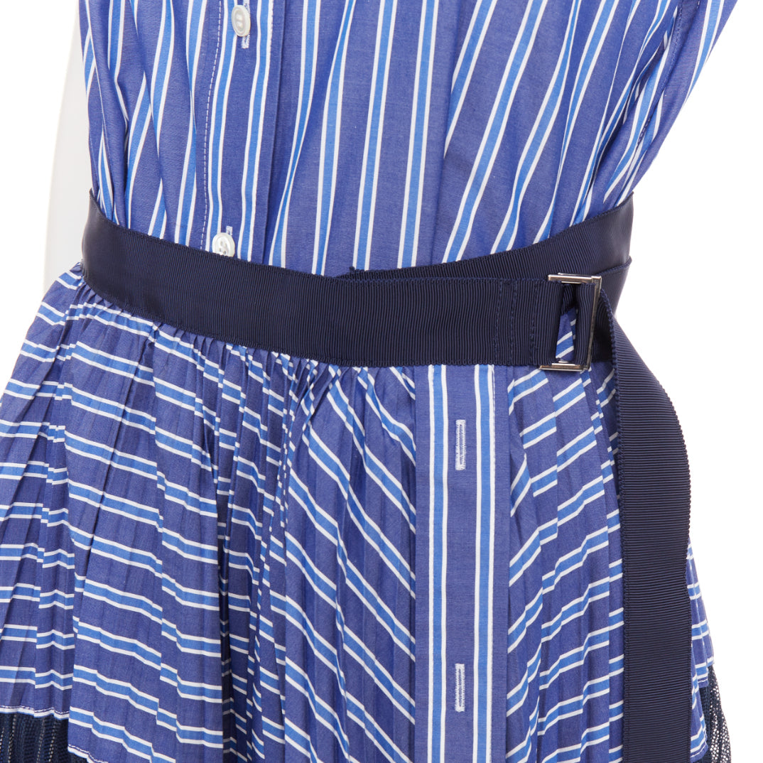 SACAI 2018 blue white navy striped bib front pleated mesh hem hybrid dress JP1 S