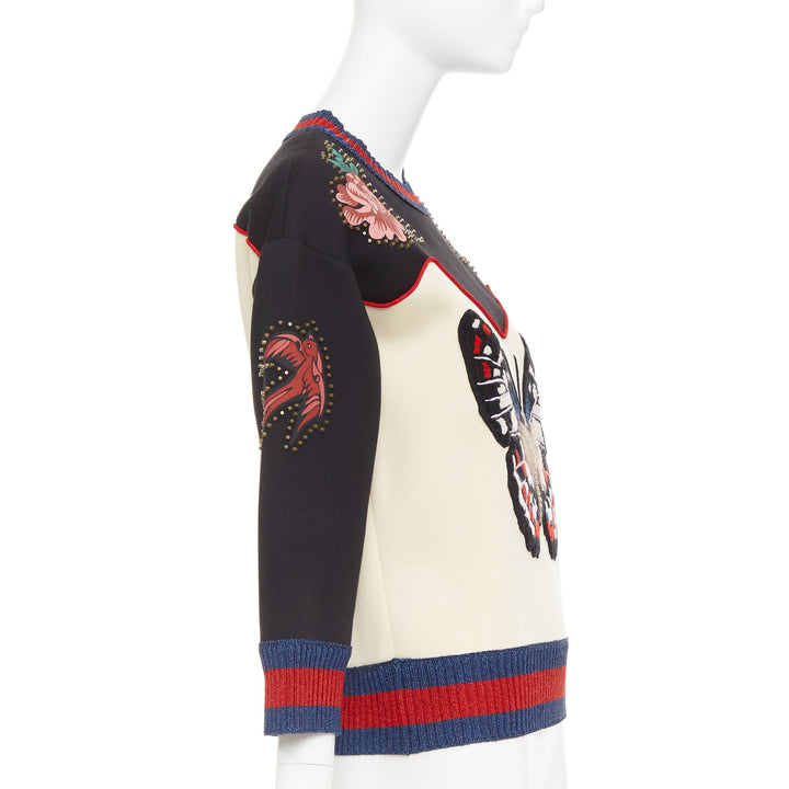 GUCCI 2016  cream black cotton Butterfly Embroidered studded sweatshirt XS