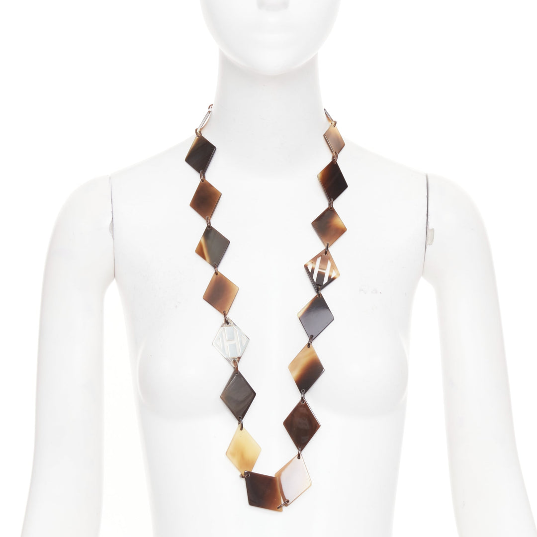 HERMES Lena Buffalo Horn 925 sterling silver diamond shape sautoir necklace