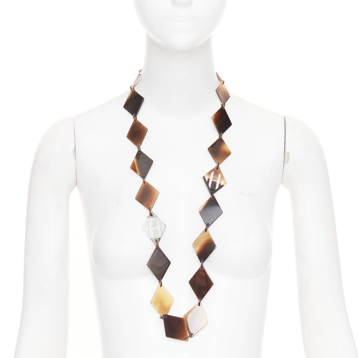 HERMES Lena Buffalo Horn 925 sterling silver diamond shape sautoir necklace