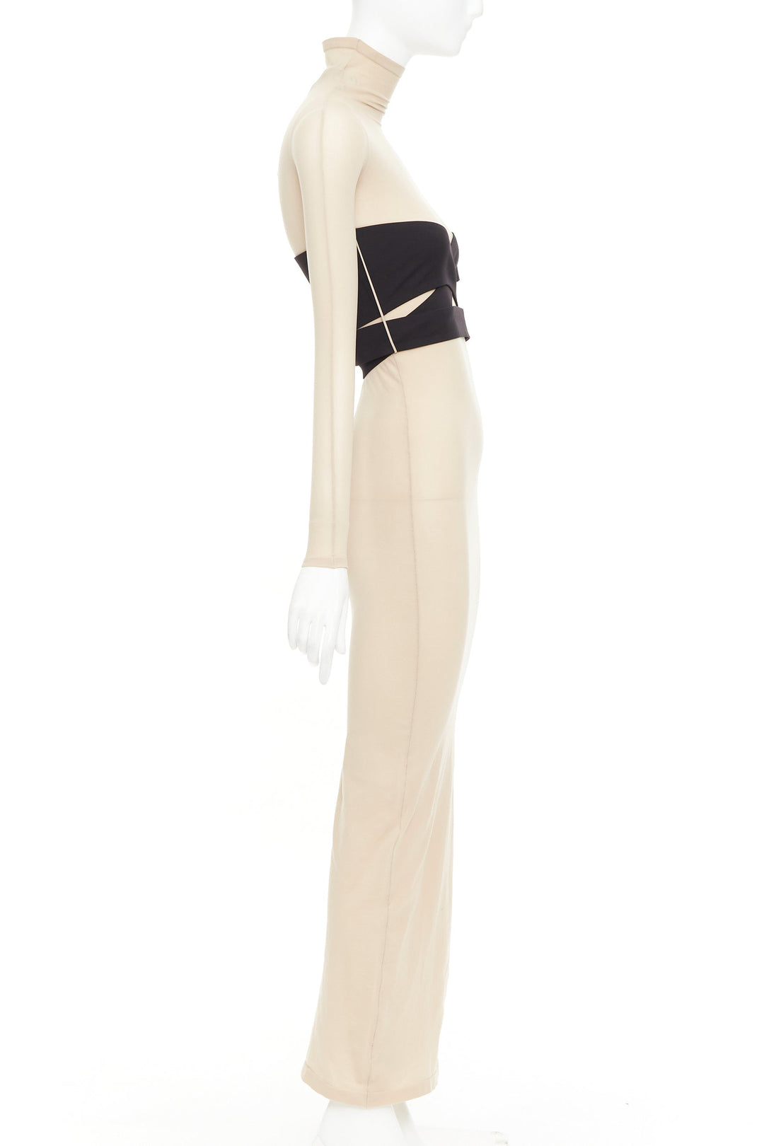 ALAIA 2023 beige second-skin band belted jersey turtleneck maxi dresse FR36 S