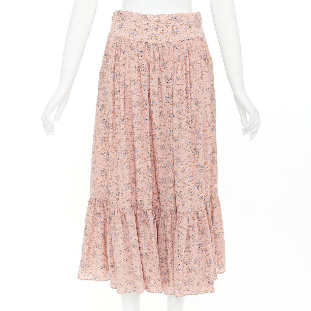 CELINE 100% silk pink blue prairie floral print midi skirt FR38 M