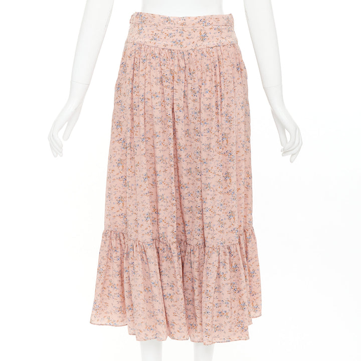 CELINE 100% silk pink blue prairie floral print midi skirt FR38 M