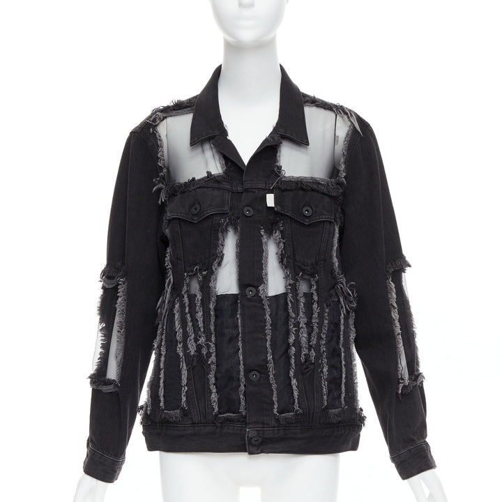 OFF WHITE black denim organza mesh panel frayed jacket XS