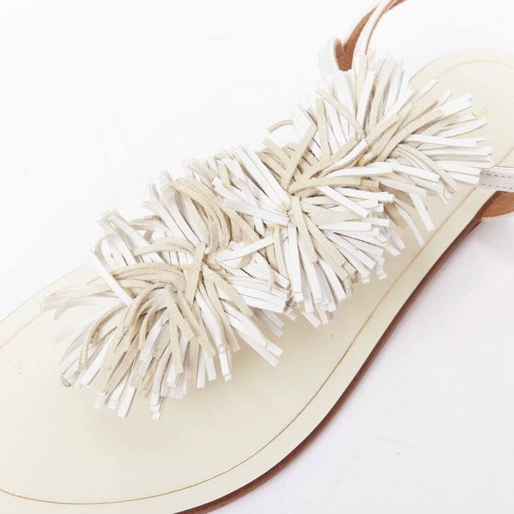 AQUAZZURA off white fringe trim T bar strap flat sandals EU37