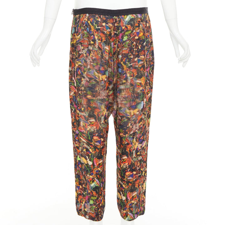 DRIES VAN NOTEN 2008 multicolor 100 % silk watercolor print tapered pant FR42 XL