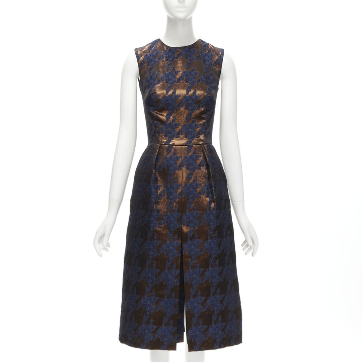 MARTIN GRANT metallic copper navy houndstooth jacquard midi dress FR34 XS