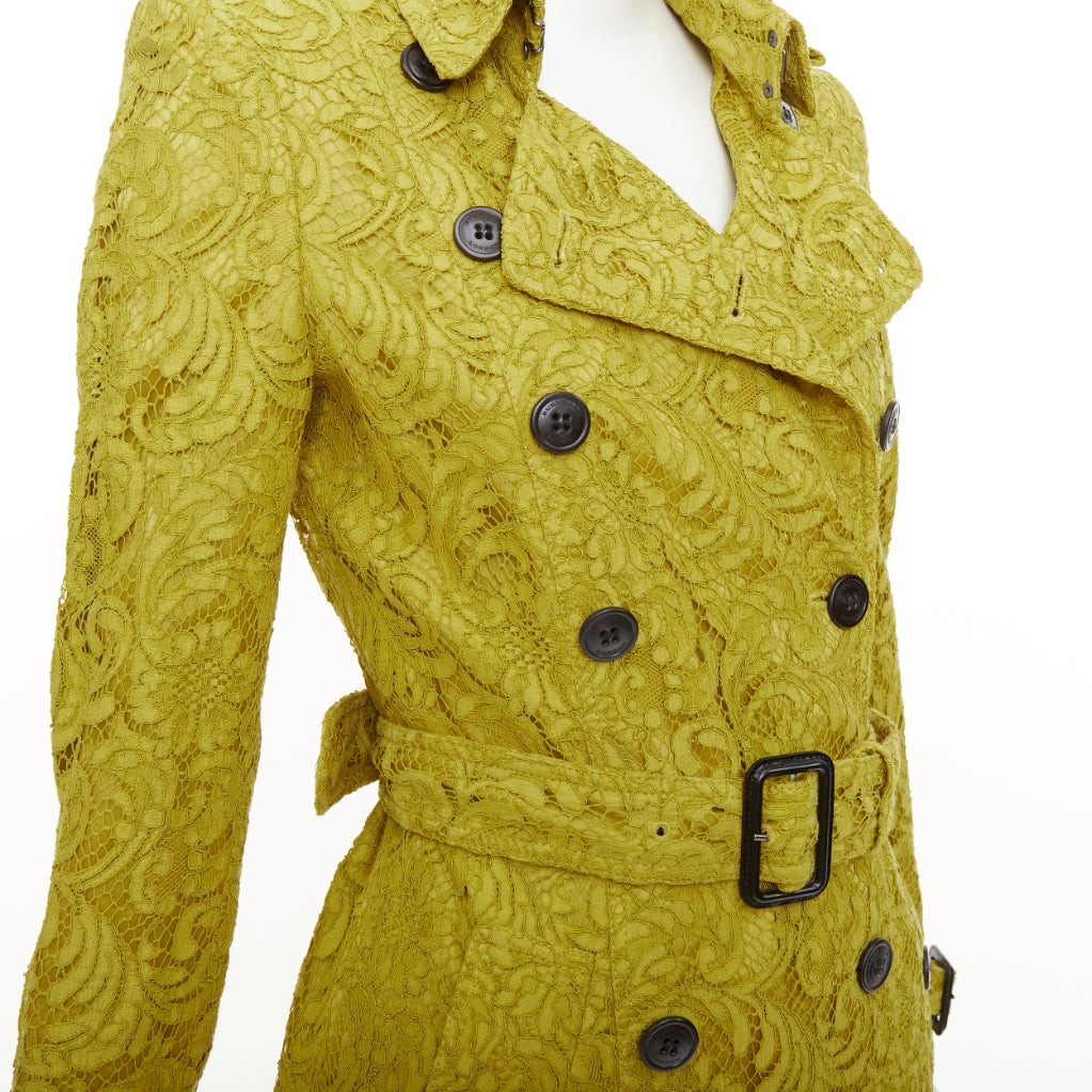 BURBERRY 2013 chartreuse mustard lime macrame lace double breasted trench UK6 XS