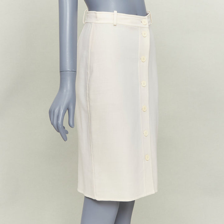 HERMES beige virgin wool blend button front high waisted pencil skirt FR34 XS