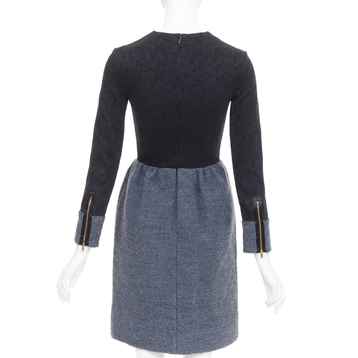 THE ROW black grey wool blend floral jacquard boucle zip trim midi dress US2 S