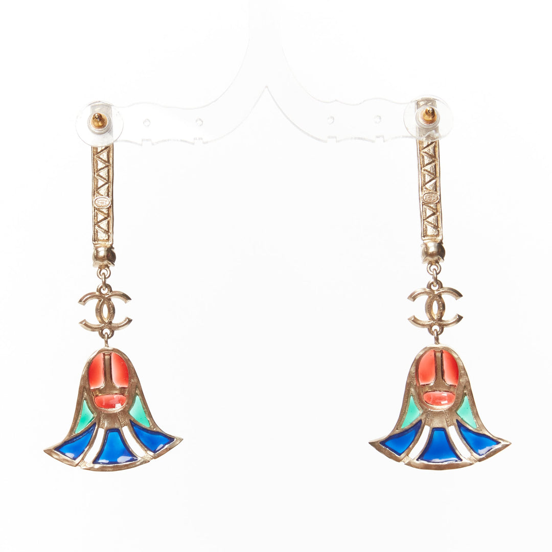CHANEL A19A gold CC crystal logo multicolor resin Scarab drop pin earrings pair