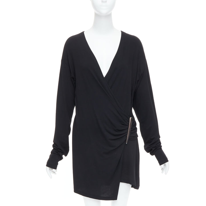 DONNA KARAN Vintage black viscose blend V neck silver buckle drape mini dress L