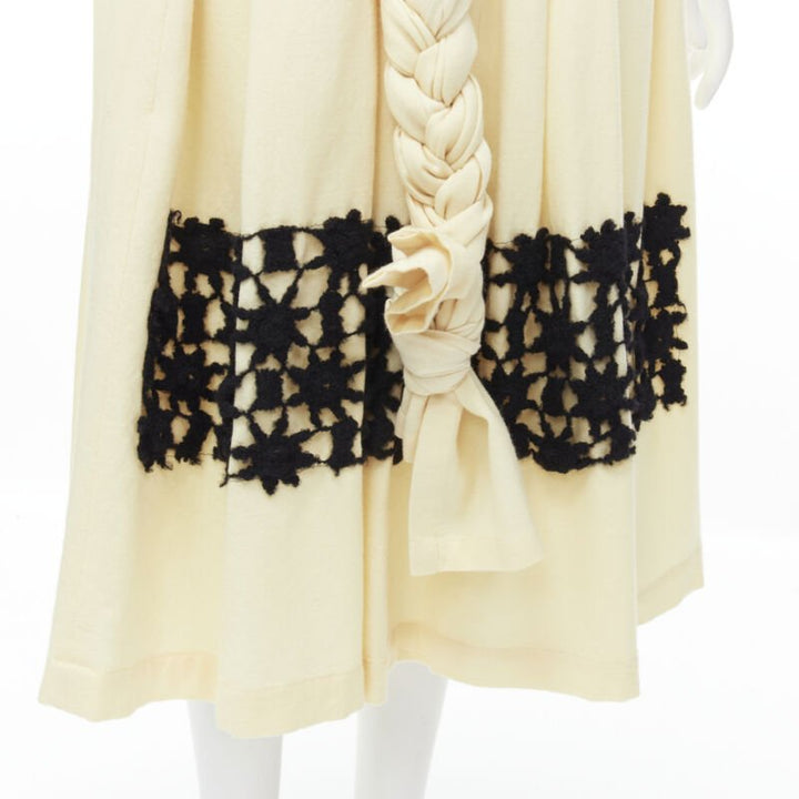 COMME DES GARCONS Vintage 1988 cream wool braid black lattice embroidery skirt M