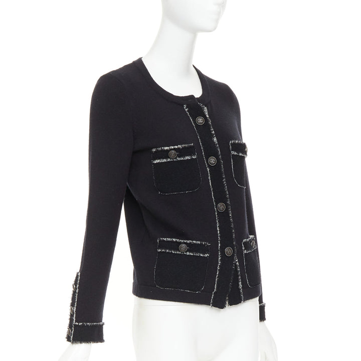 CHANEL 2011 cashmere black cashmere raw edge frayed 4 pocket cardigan FR36 S