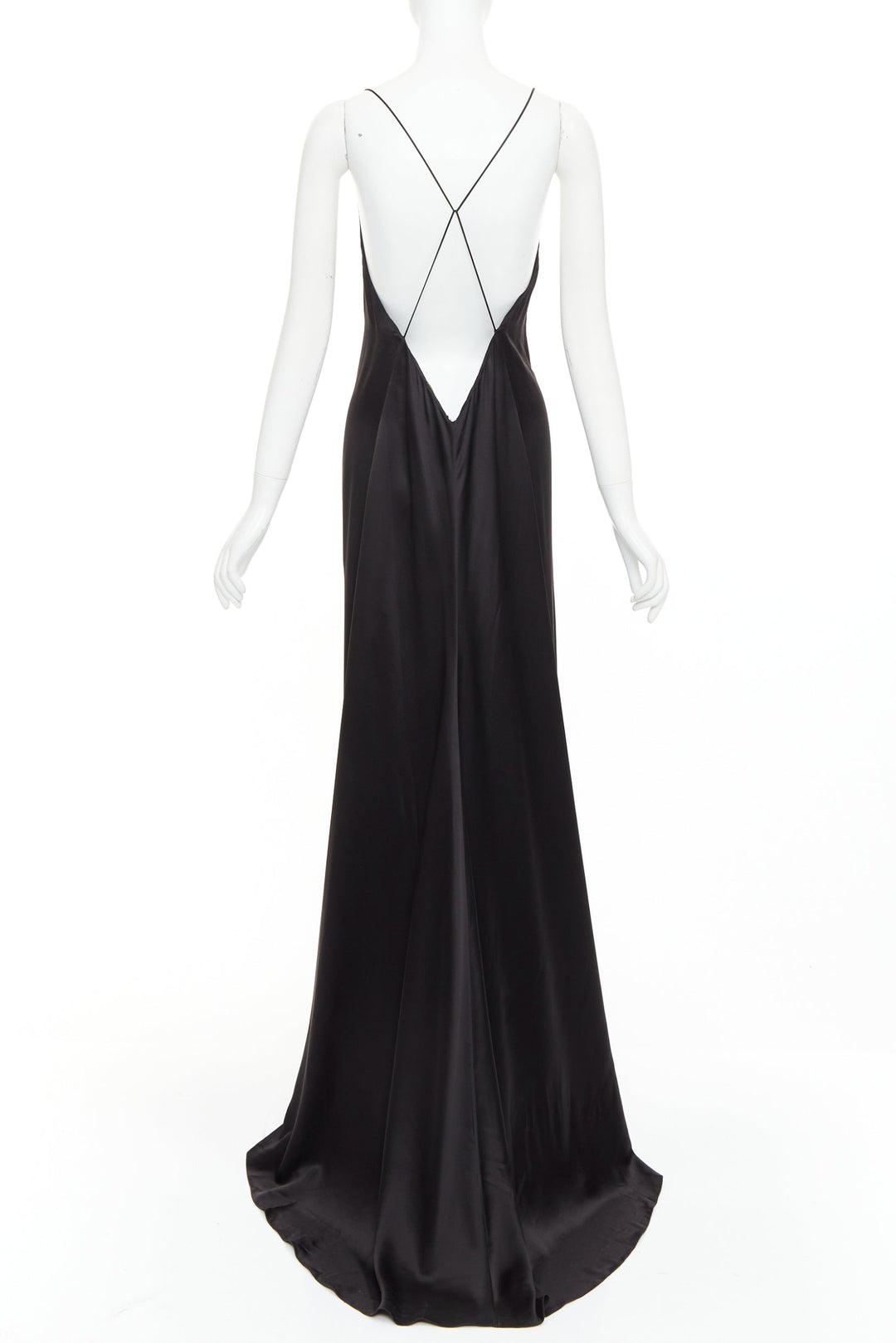 SAINT LAURENT 2022 black 100% silk plunge V neck open back high slit gown FR38 M