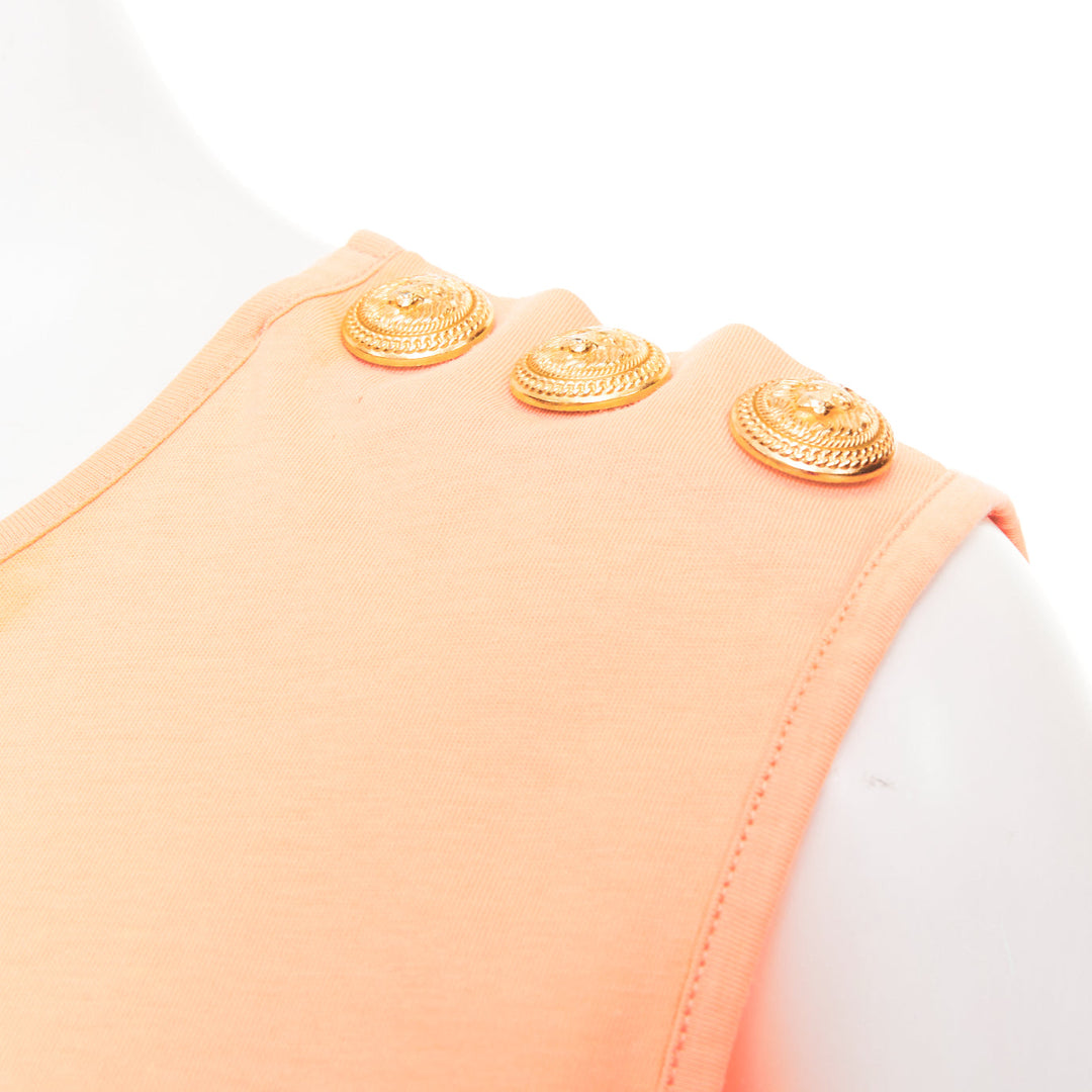 BALMAIN peach pink gold foil logo buttons shoulder sleeveless tshirt FR36 S