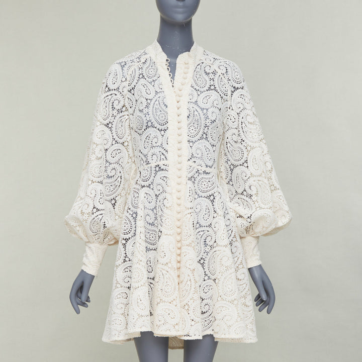 ZIMMERMANN Amari cream paisley floral lace cotton lined peasant dress Sz1 S