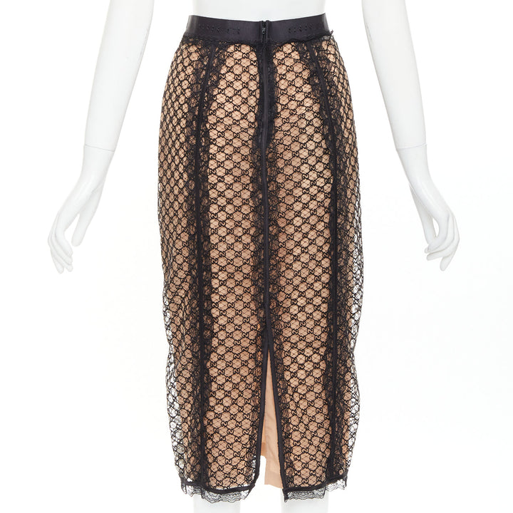 GUCCI 2022 Runway Aria black nude GG mesh lace lingerie midi skirt M