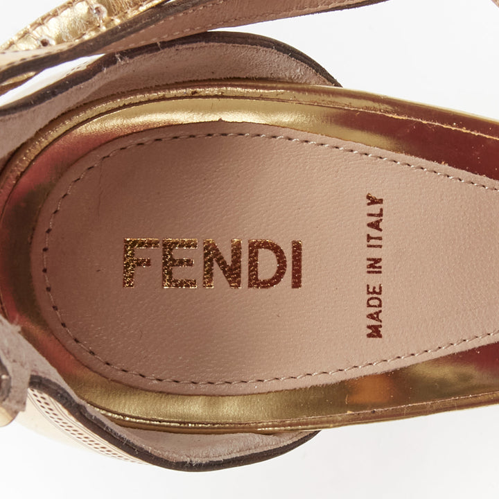 FENDI Flo metallic gold leather perforated tstrap peep toe platforms EU38