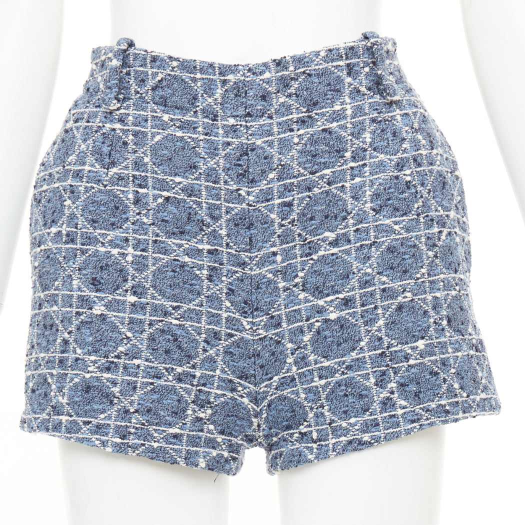 DIOR 2025 Macrocannage sky blue white cotton blend tweed woven shorts FR34 XS