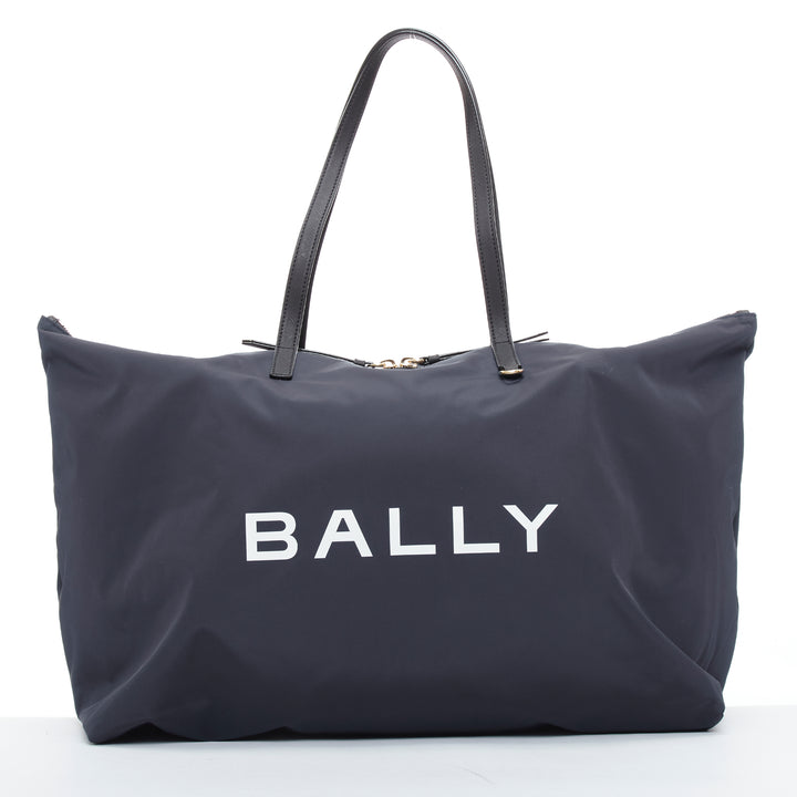 BALLY navy nylon white logo travel luggage foldable shoulder tote bag