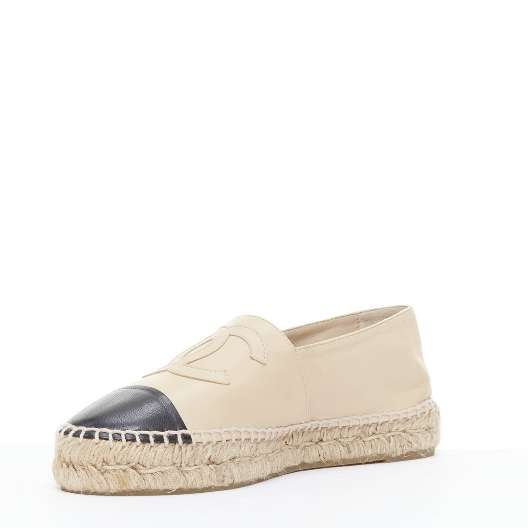 CHANEL nude black leather CC logo jute midsole espadrilles EU37