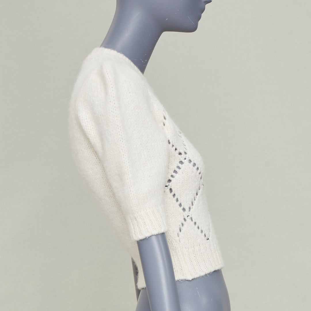ALESSANDRA RICH 2023 fruit embroidered pointelle knit ivory alpaca top IT36 XS