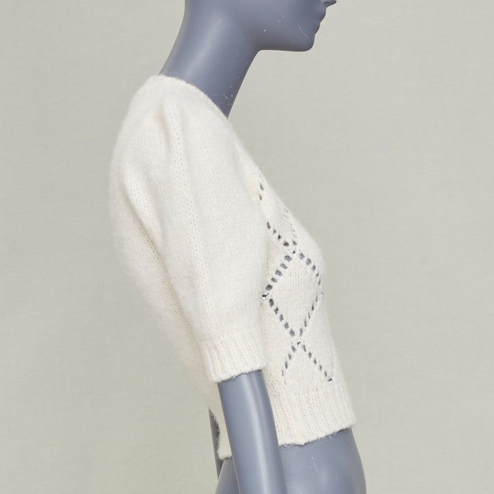 ALESSANDRA RICH 2023 fruit embroidered pointelle knit ivory alpaca top IT36 XS
