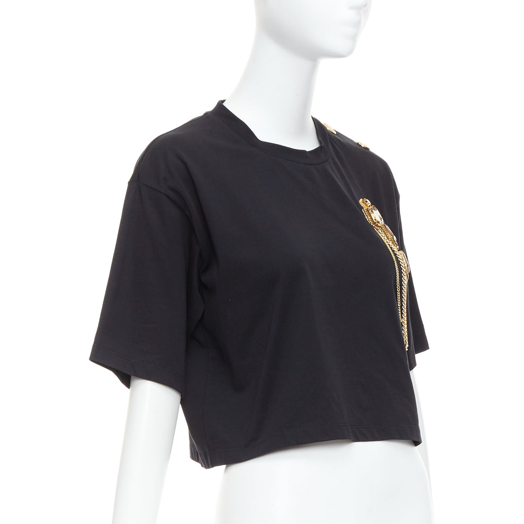 BALMAIN gold buttons chain embellished brooch black cotton crop tshirt XS