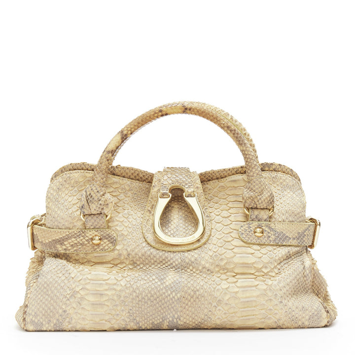 GIORGIO ARMANI beige scaled leather gold logo buckle side belt top handle bag