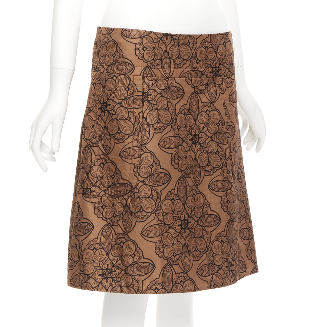 MARNI brown cotton silk blend floral illustration jersey lined skirt IT40 S