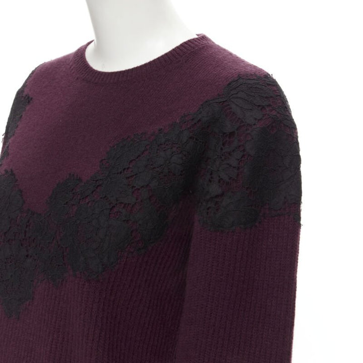 VALENTINO burgundy red virgin wool cashmere black lace applique sweater XL