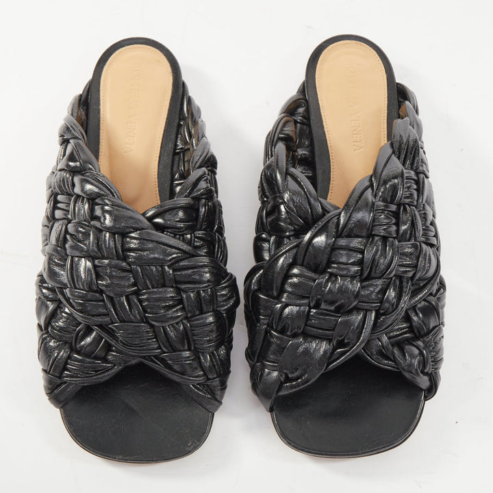 BOTTEGA VENETA The Board black woven leather crossover slide sandals EU37