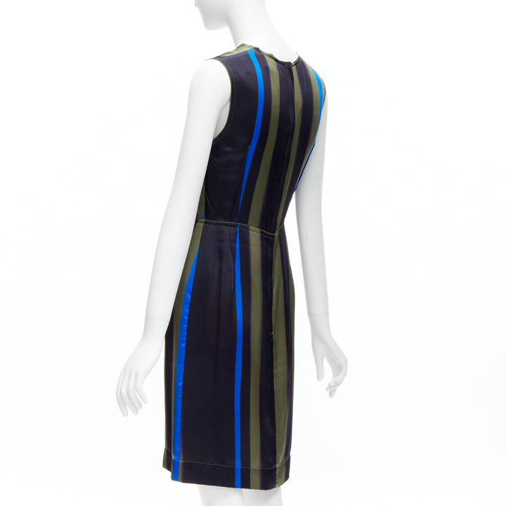 LANVIN 100% silk khaki blue abstract invert darts dress FR36 S